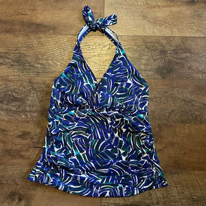 Women's L.L.Bean Swim Top Medium Blue Green Leaf Print Halter
